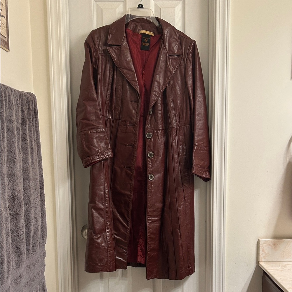 Elegant Maroon Leather Trench Coat